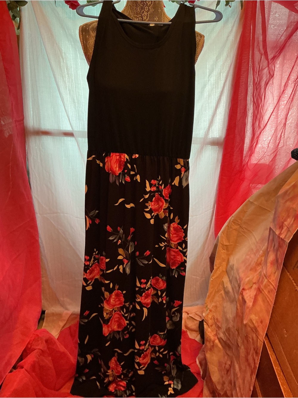Black Floral Maxi Dress with Red Rose Print